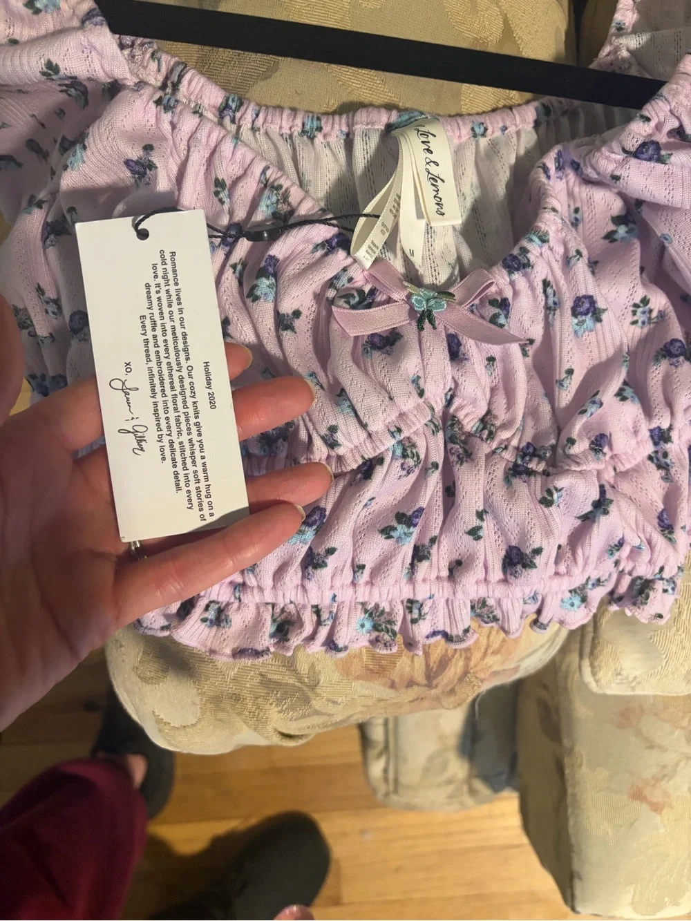 For Love & Lemons Lilac Floral Smocked Crop Top and Shorts Lounge Set - Picture 7 of 10